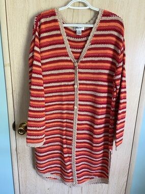 Vintage 90s Joan Vass Red Orange Crochet Knit Striped Duster Cardigan Large